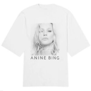 Anine Bing Avi Kate Moss White Oversized Crewneck Cotton Graphic Tee Shirt